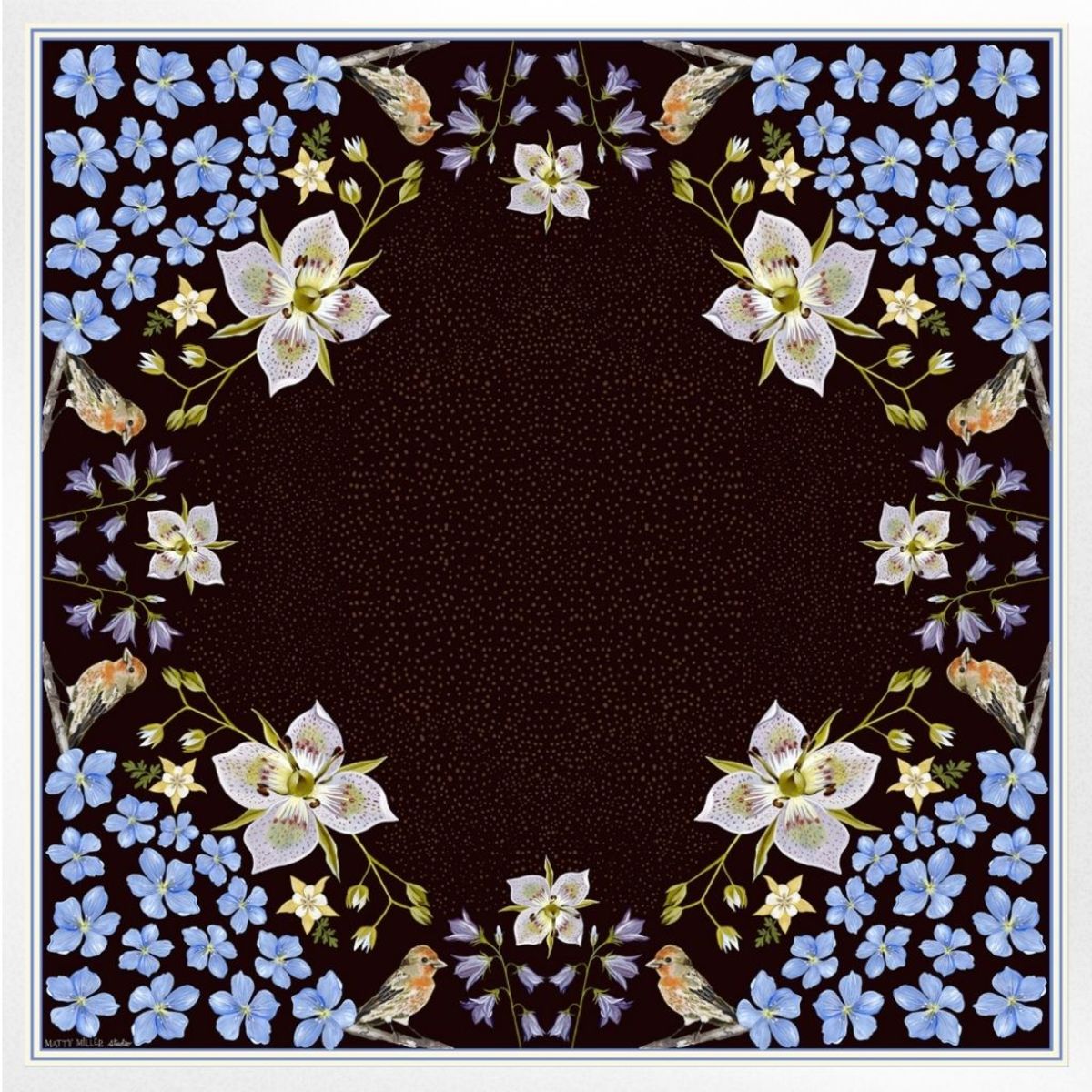 Matty Miller Studio 100% Silk Design Scarf - Black Gentian Floral Bird - Image 1 of 7