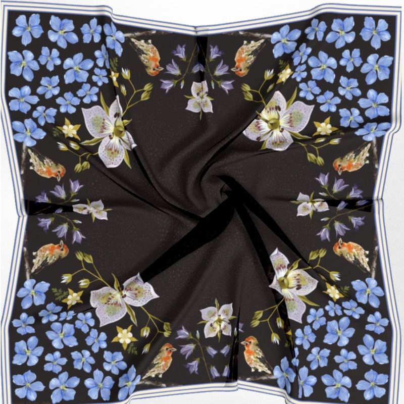 Matty Miller Studio 100% Silk Design Scarf - Black Gentian Floral Bird