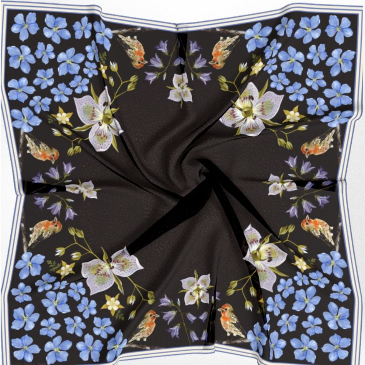 Matty Miller Studio 100% Silk Design Scarf - Black Gentian Floral Bird - Image 4 of 7