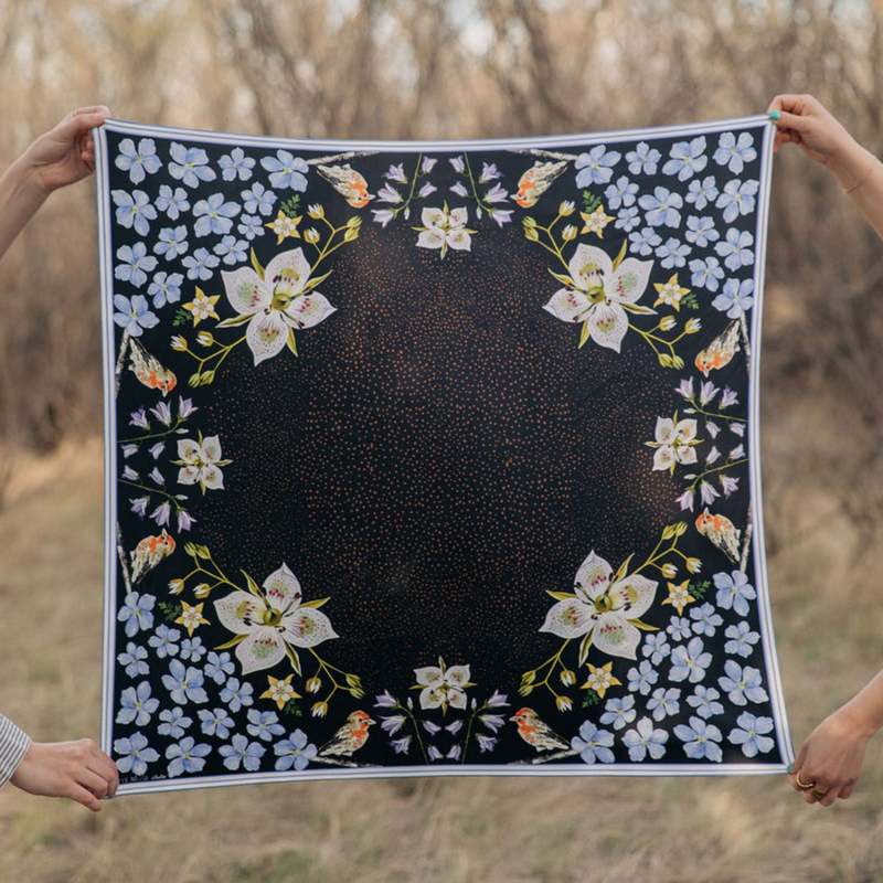 Matty Miller Studio 100% Silk Design Scarf - Black Gentian Floral Bird