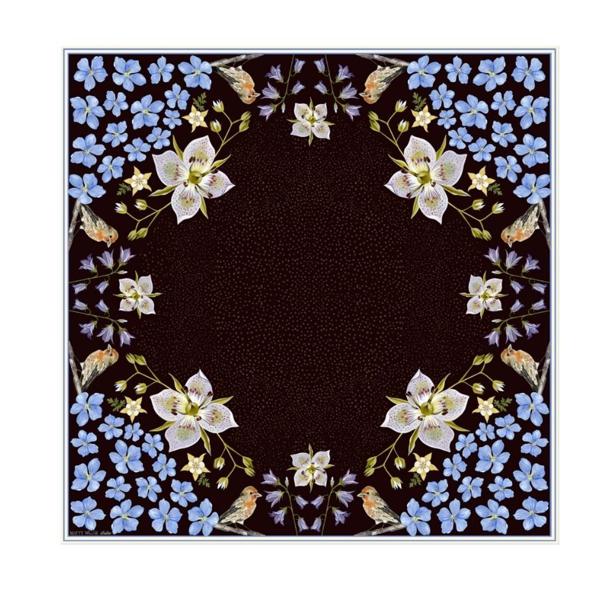 Matty Miller Studio 100% Silk Design Scarf - Black Gentian Floral Bird - Image 6 of 7