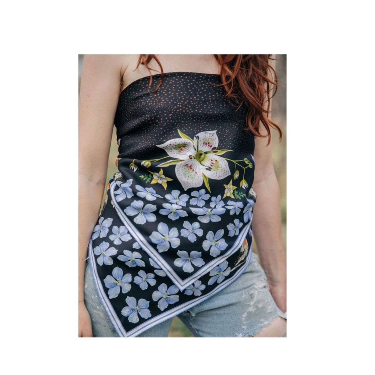 Matty Miller Studio 100% Silk Design Scarf - Black Gentian Floral Bird - Image 7 of 7