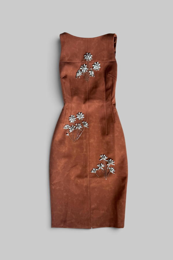 Leo Lin Eleanor Embellished Vegan Suede Midi Dress - Chestnut