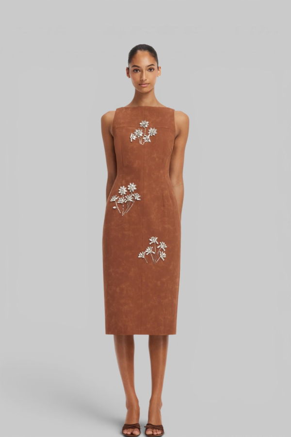 Leo Lin Eleanor Embellished Vegan Suede Midi Dress - Chestnut