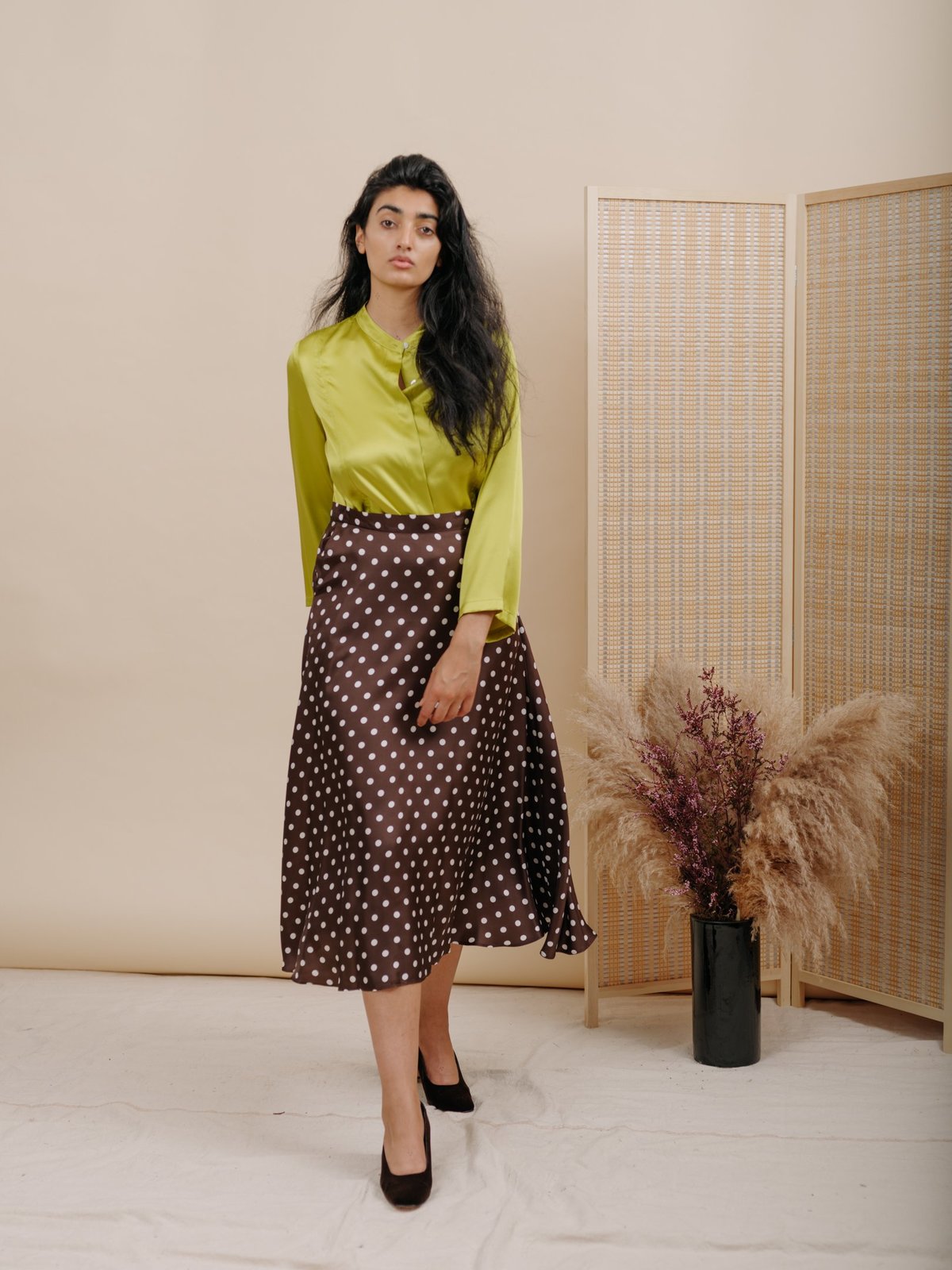 Wolcott : Takemoto Shadow Skirt - Brown Polka Dot Silk - Image 2 of 6