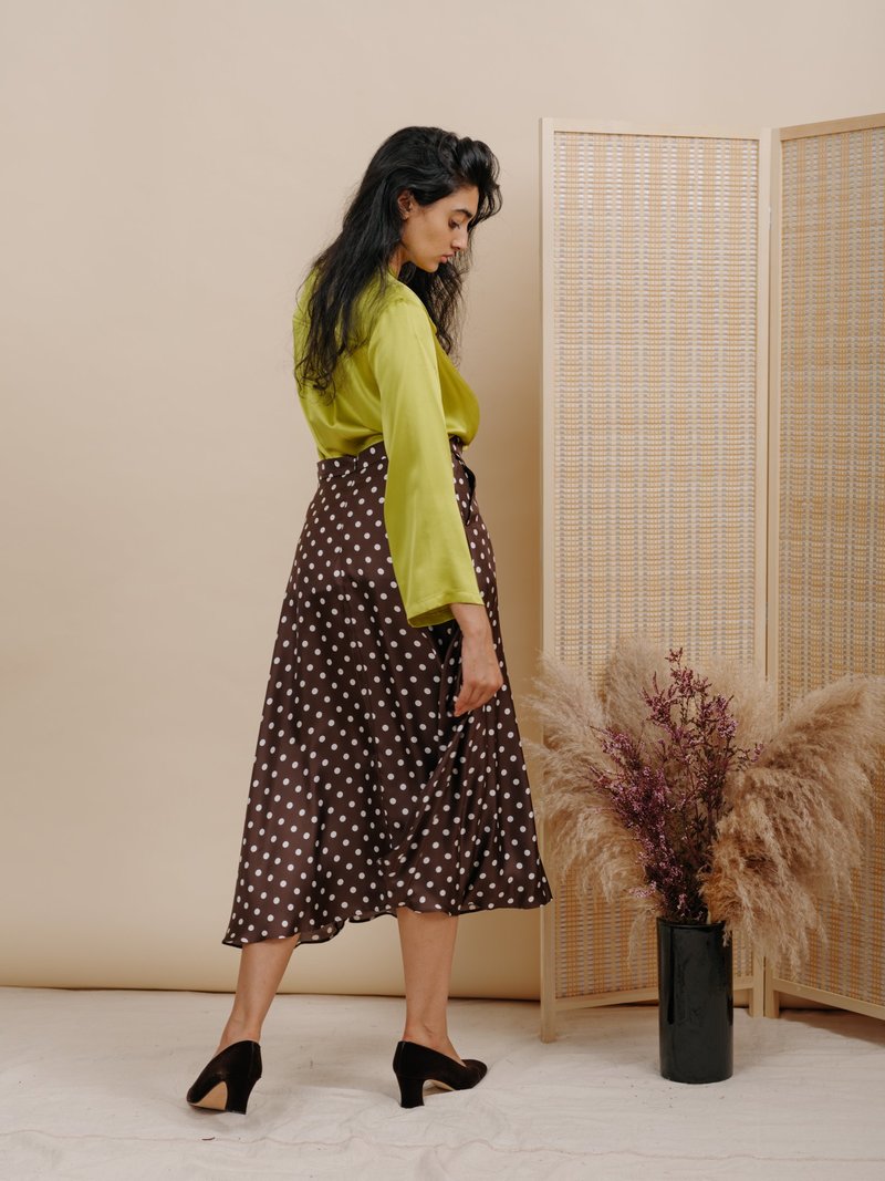 Wolcott : Takemoto Shadow Skirt - Brown Polka Dot Silk