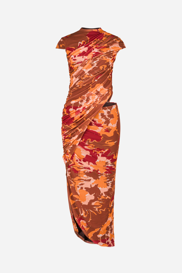 SAEMDI Lyra Printed Draped Mesh Dress