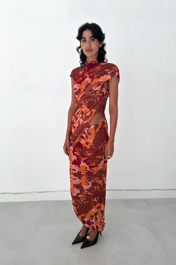 SAEMDI Lyra Printed Draped Mesh Dress