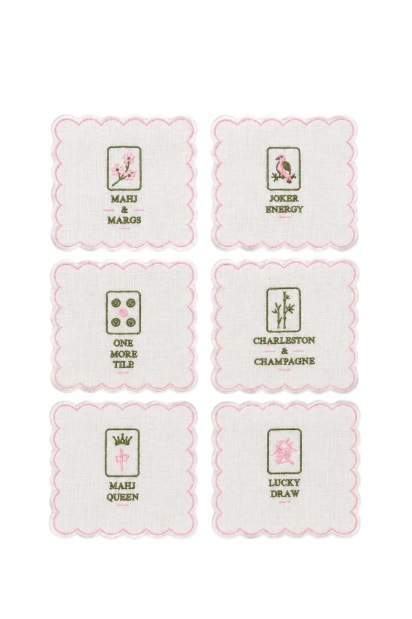 Talah Home Embroidered Mahjong Mix Cocktail Napkins (Set of 6)