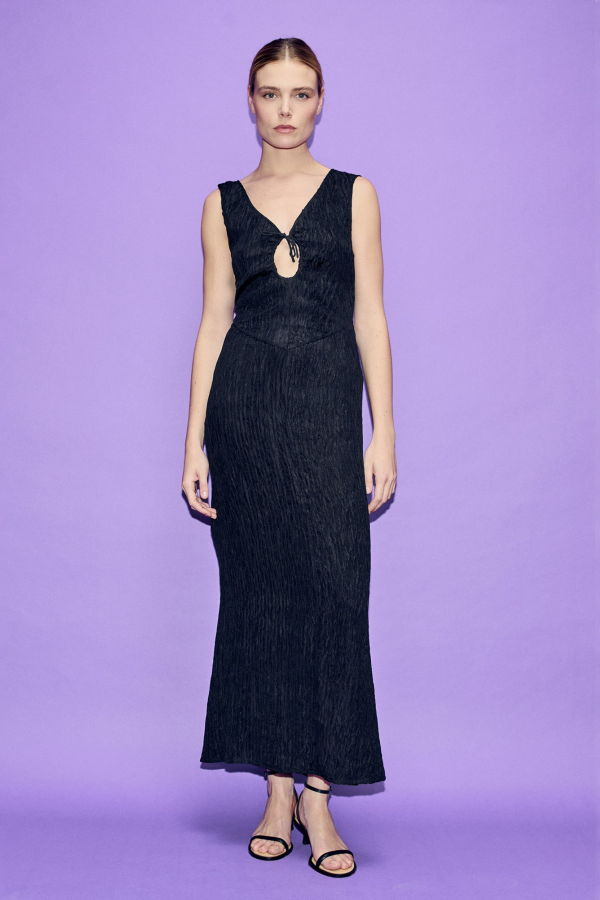 Silk Laundry Crinkle Peek-A-Boo Dress - Black