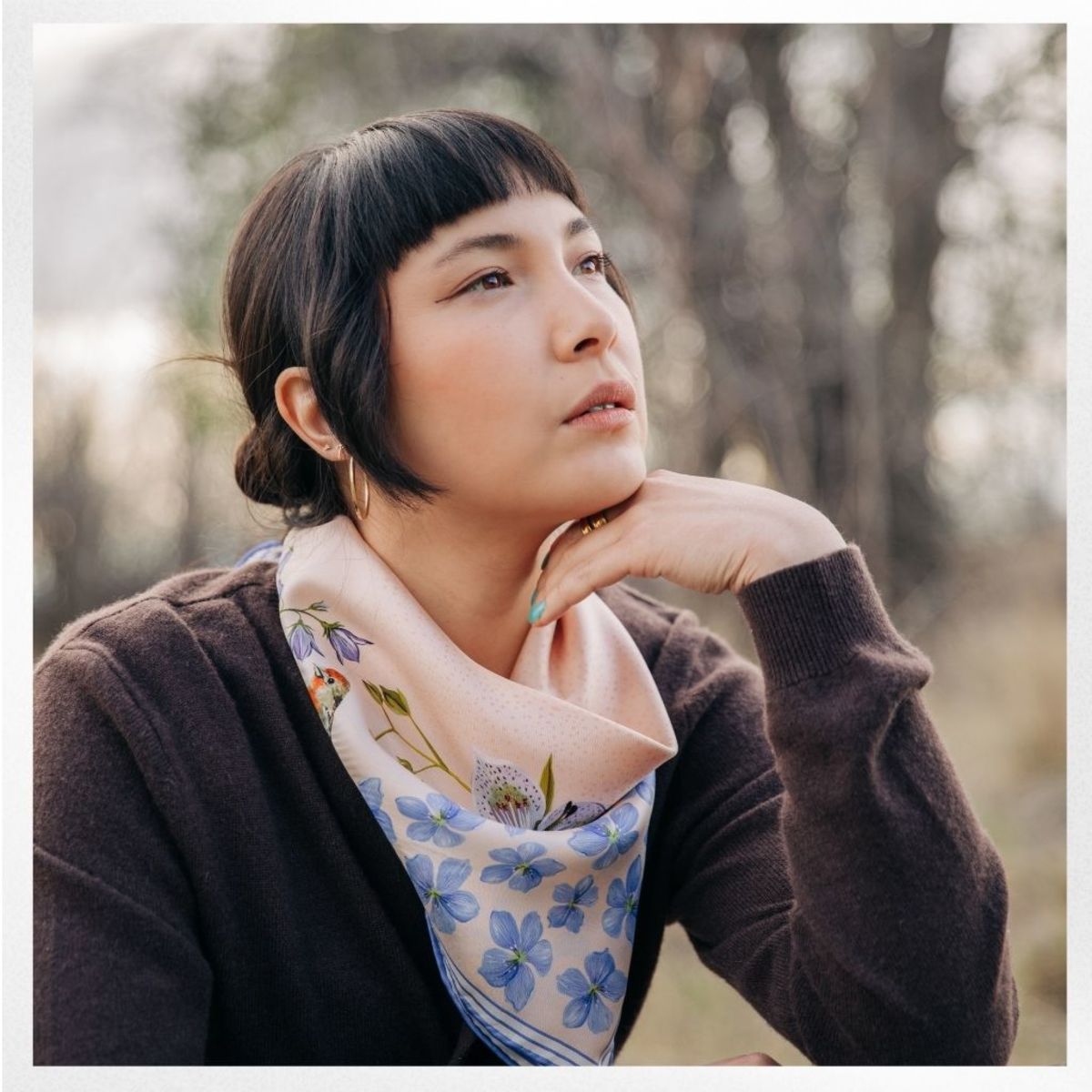 Matty Miller Studio 100% Silk Scarf: Pink Gentian - Wildflower Bird Design - Image 2 of 19