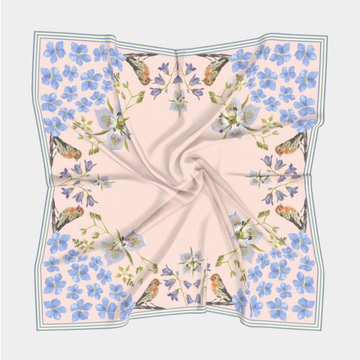Matty Miller Studio 100% Silk Scarf: Pink Gentian - Wildflower Bird Design - Image 4 of 19
