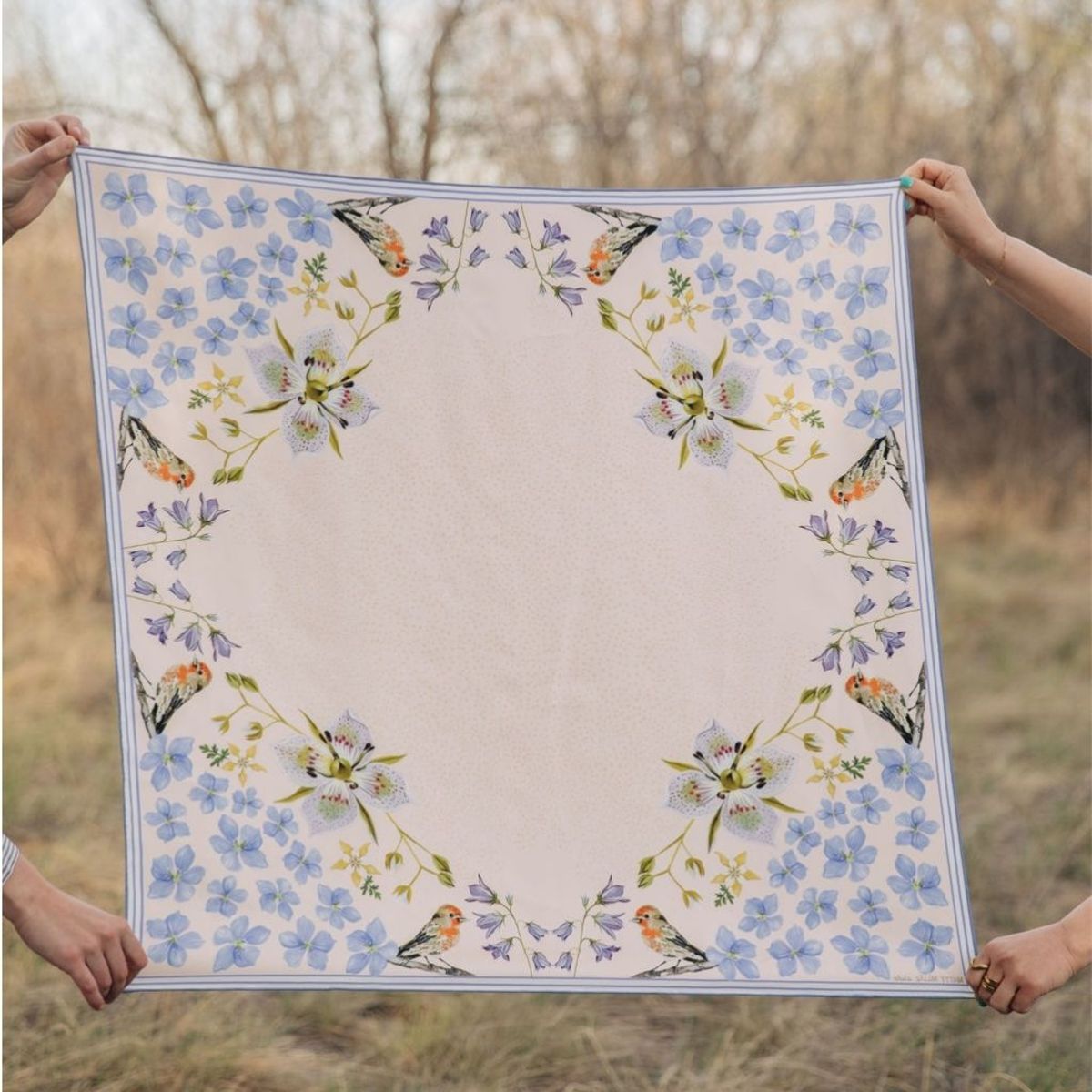 Matty Miller Studio 100% Silk Scarf: Pink Gentian - Wildflower Bird Design - Image 5 of 19