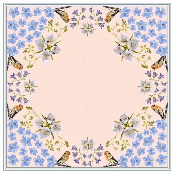 Matty Miller Studio 100% Silk Scarf: Pink Gentian - Wildflower Bird Design