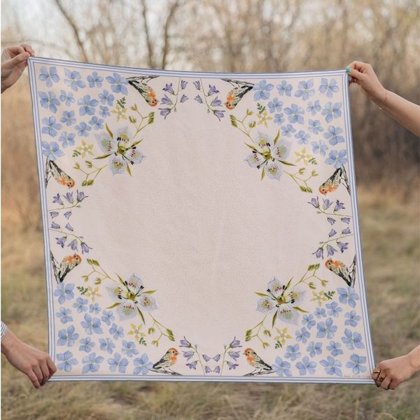 Matty Miller Studio 100% Silk Scarf: Pink Gentian - Wildflower Bird Design