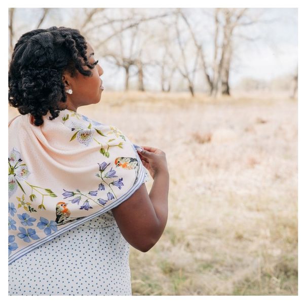 Matty Miller Studio 100% Silk Scarf: Pink Gentian - Wildflower Bird Design
