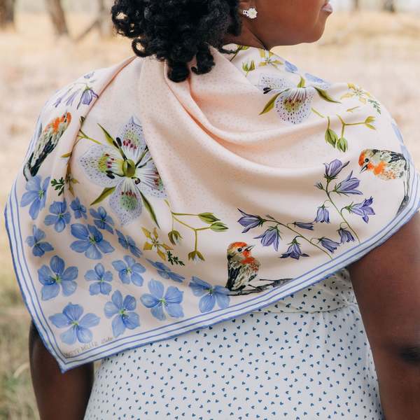 Matty Miller Studio 100% Silk Scarf: Pink Gentian - Wildflower Bird Design
