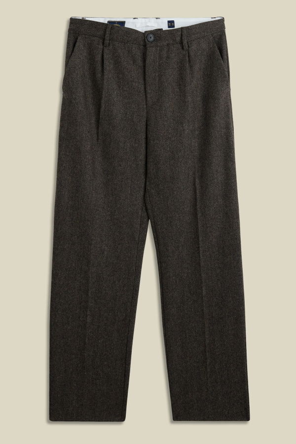 Portuguese Flannel Herringbone Single Pleat Trousers - Brown