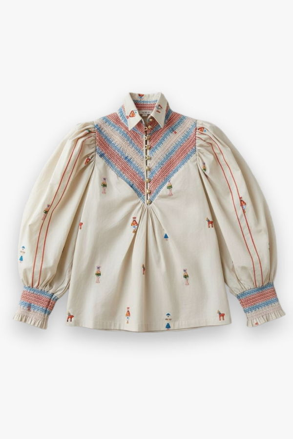 Hope for Flowers by Tracy Reese Embroidered Smocked Shirt - Vanilla Multi