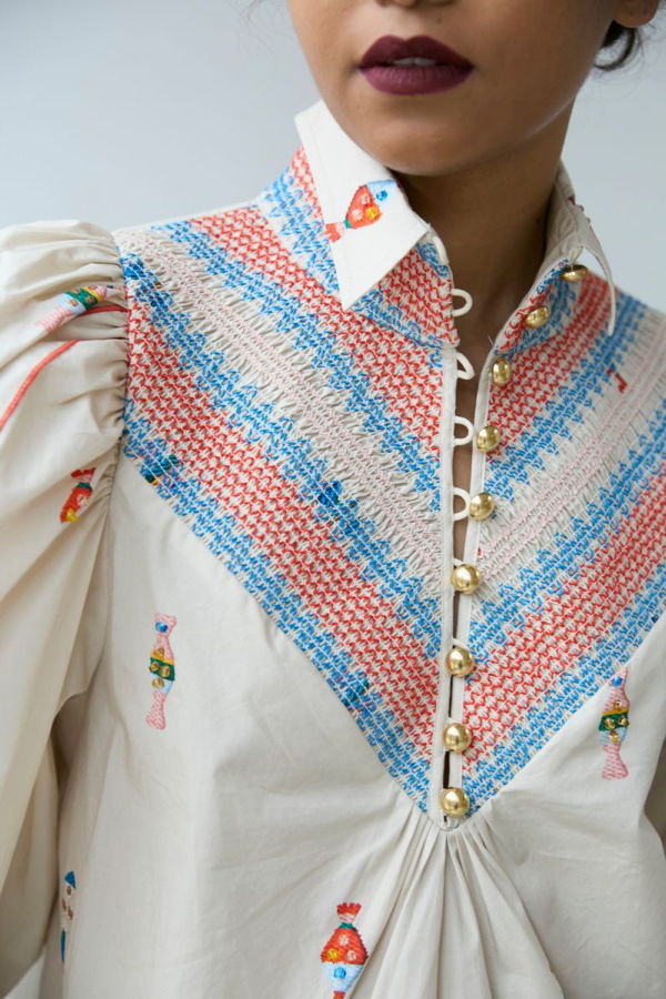 Hope for Flowers by Tracy Reese Embroidered Smocked Shirt - Vanilla Multi
