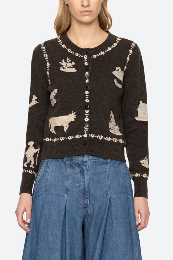 Sea NY Margeurite Lace Patch Long Sleeve Cardigan - Coffee