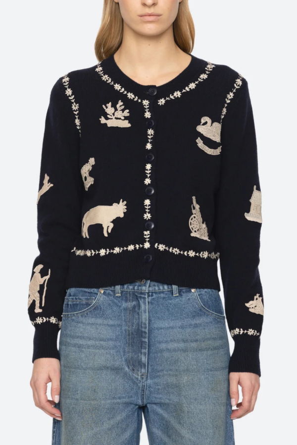 Sea NY Margeurite Lace Patch Long Sleeve Cardigan - Navy