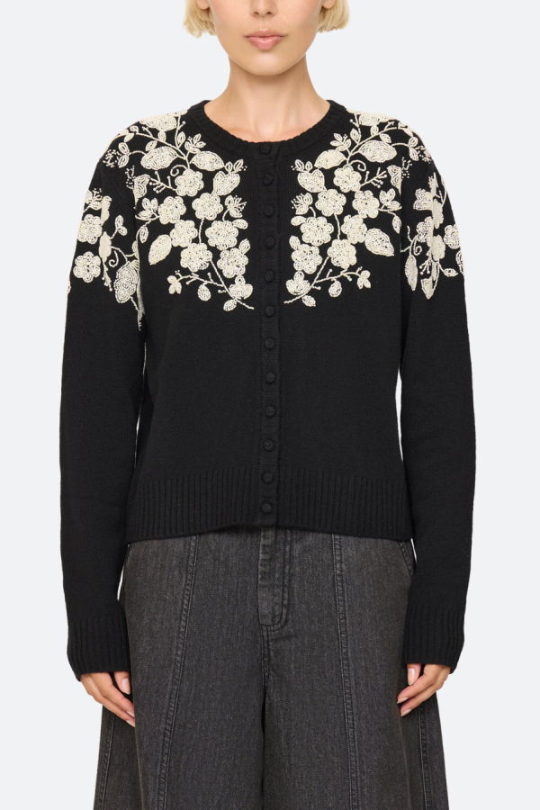 Sea NY Shiloh Embroidered Long Sleeve Cardigan - Black