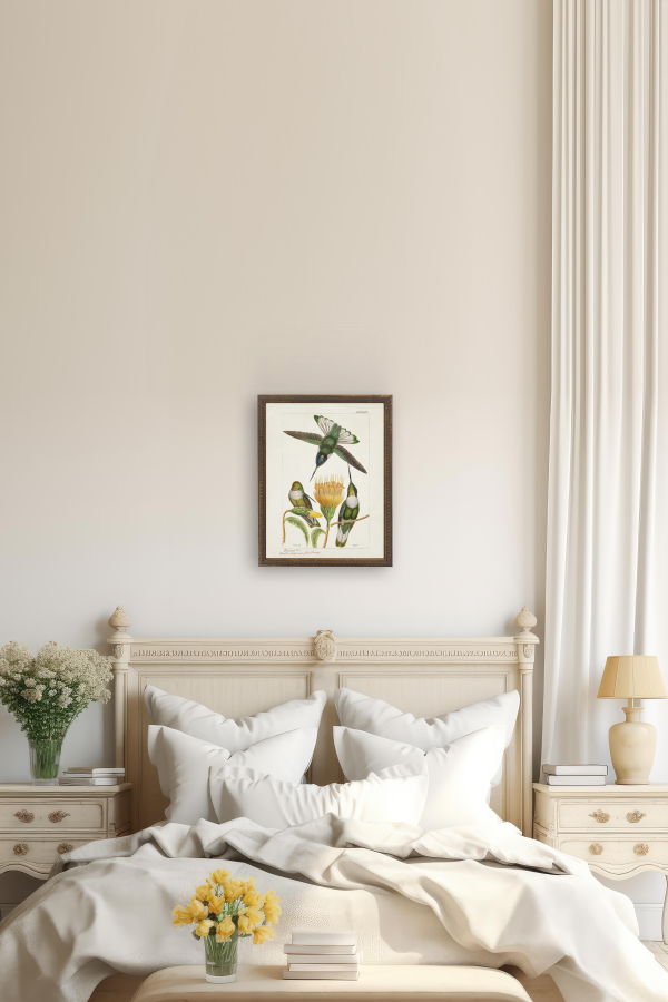 Antique Curiosities Hummingbirds and Yellow Flower in Bronze-Beaded Frame Framed Print