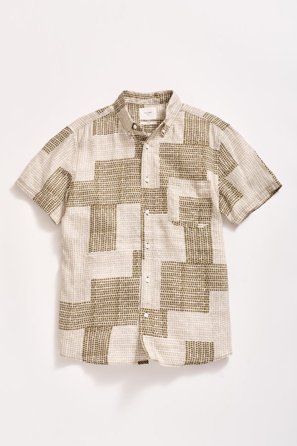 Billy Reid Short Sleeve Brick Patchwork Tuscumbia Button-Down Shirt - Olive Multi