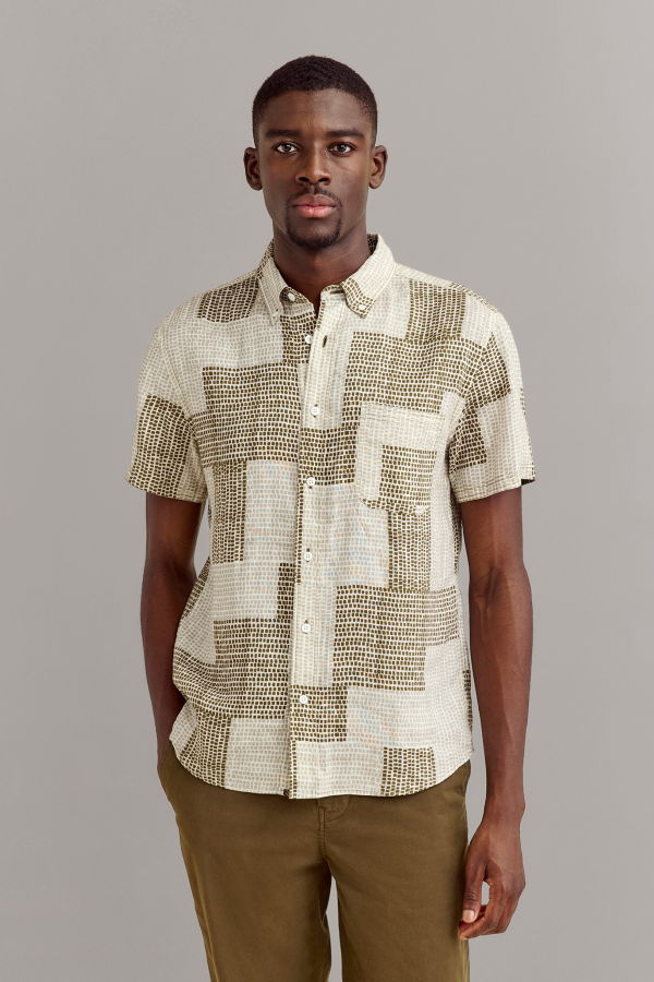 Billy Reid Short Sleeve Brick Patchwork Tuscumbia Button-Down Shirt - Olive Multi
