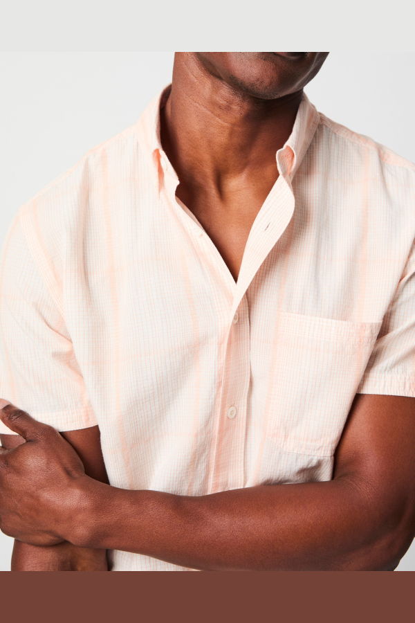 Billy Reid Short Sleeve Line Plaid Tuscumbia Button-Down Shirt - Pale Coral