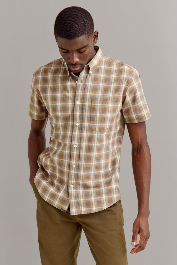 Billy Reid Short Sleeve Melange Plaid Tuscumbia Button-Down Shirt - Brown Multi