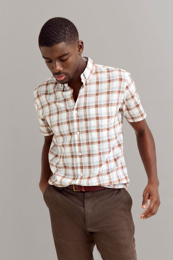 Billy Reid Short Sleeve Tattersall Plaid Tuscumbia Button Down Shirt - Oak/Multi