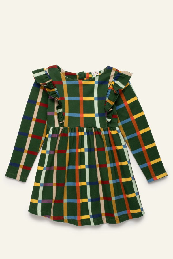 KIDS Mon Coeur Fall Grid Ruffle Dress - Green Pastures/Multi