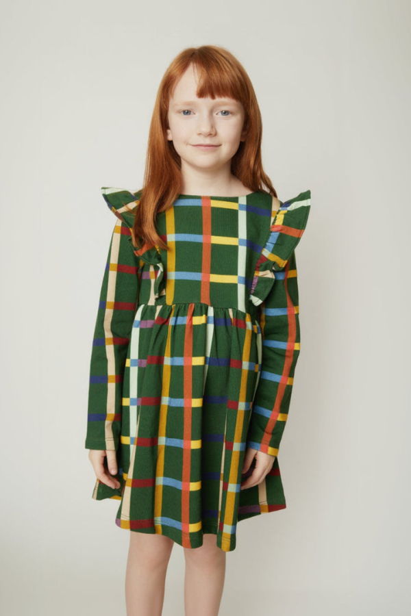 KIDS Mon Coeur Fall Grid Ruffle Dress - Green Pastures/Multi