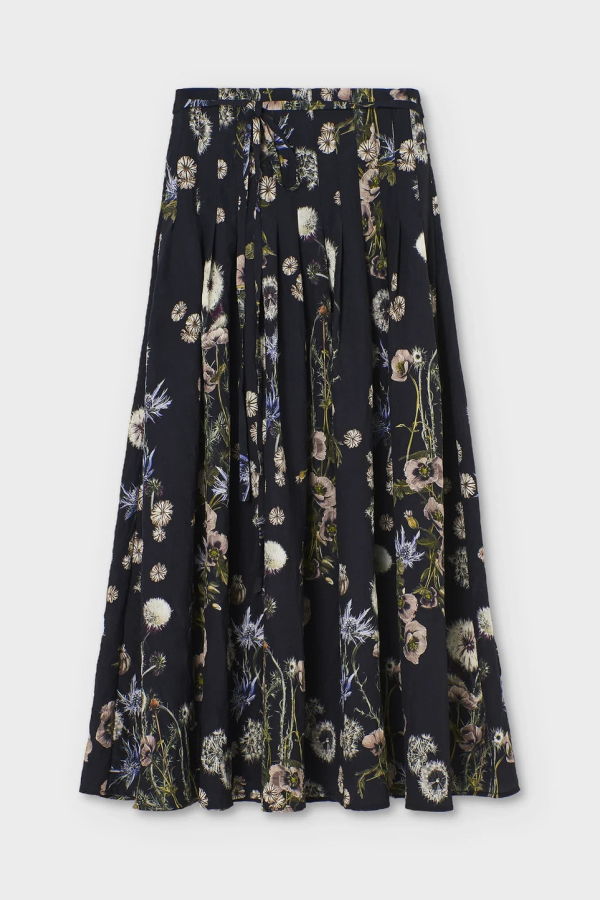 Psophia Fluid Midi Skirt in Dandelion Printed Silk Fabric - Black