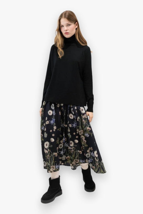 Psophia Fluid Midi Skirt in Dandelion Printed Silk Fabric - Black