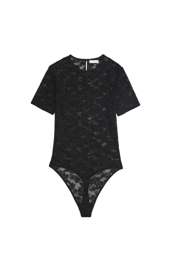 Fleur du Mal Le Stretch Lace Short Sleeve Bodysuit - Black