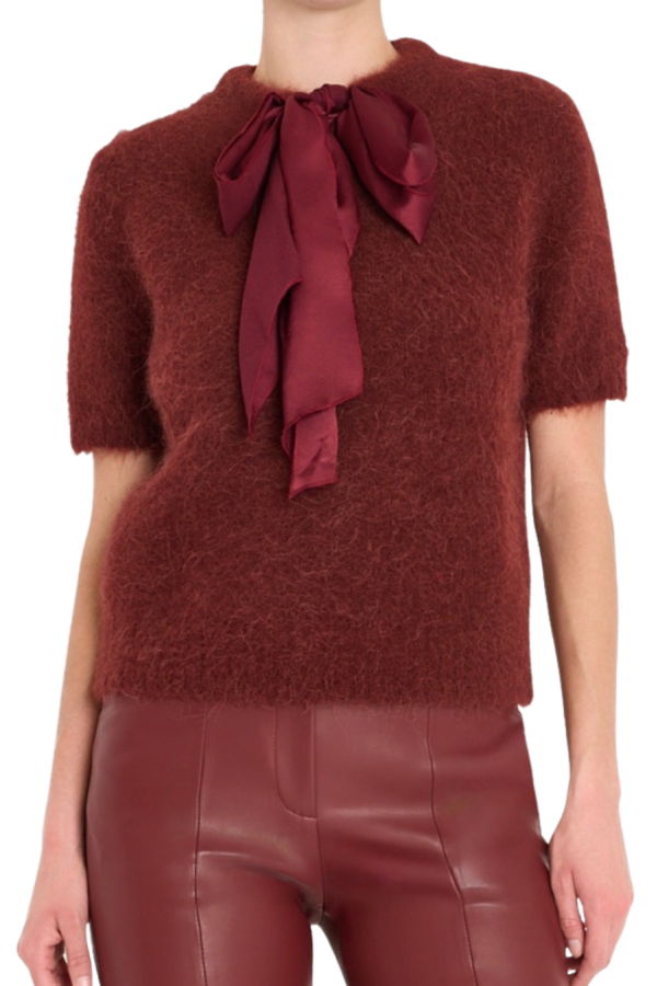 Milly Combination Bow Fuzzy Sweater - Burgundy