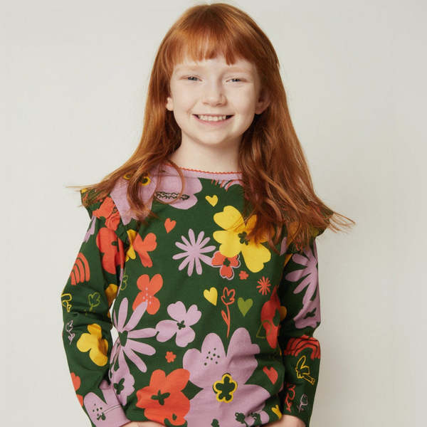 KIDS Mon Coeur Wildflower Ruffle Long Sleeve T-Shirt - Green Pastures/Multi