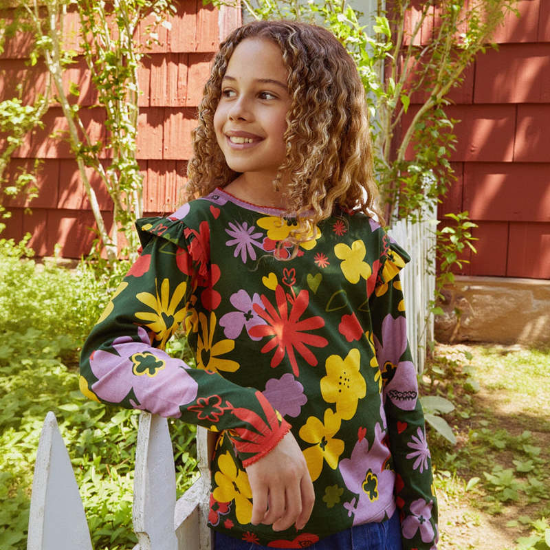 KIDS Mon Coeur Wildflower Ruffle Long Sleeve T-Shirt - Green Pastures/Multi