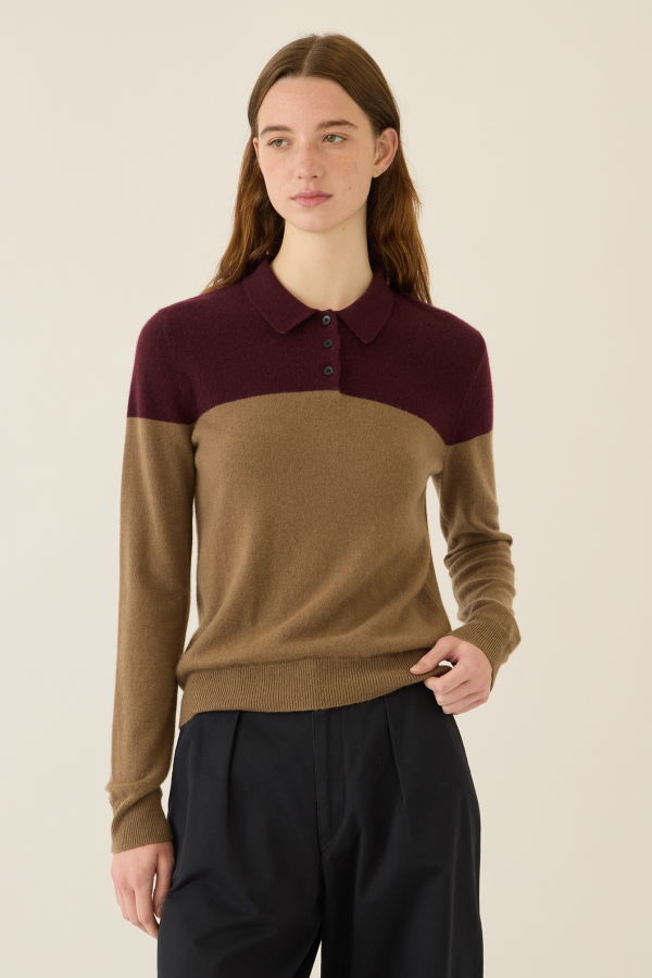 demylee Renea Cashmere Polo Sweater - Hazelnut / Garnet
