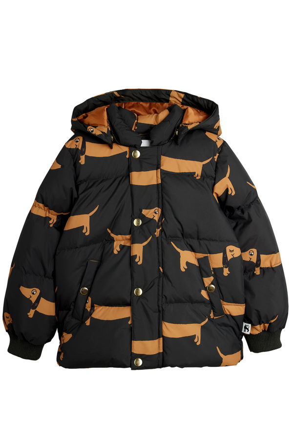 KIDS Mini Rodini Child Hooded Puffer Jacket Dog Print - Black