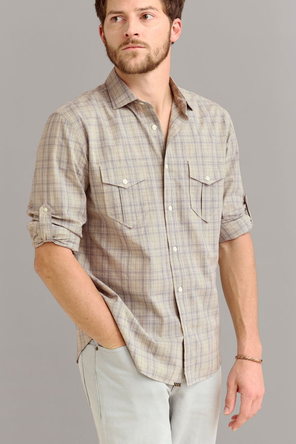 Billy Reid Melange Plaid Scout Shirt - Highway Grey