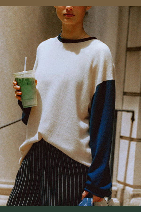 Guest in Residence Baseball Oversized Crew Sweater - Cream/Navy