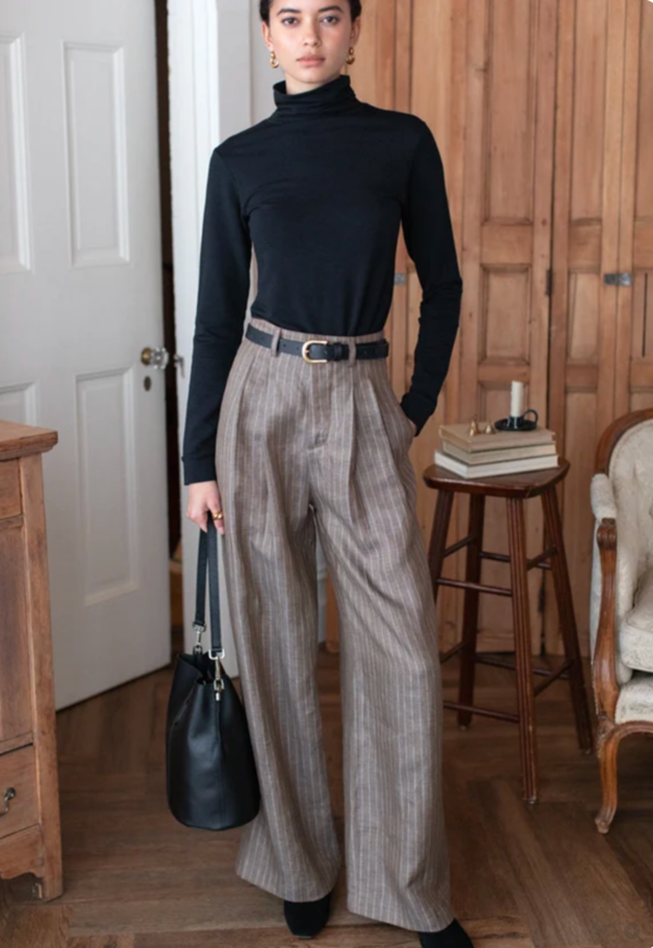 Emerson Fry Atelier Pleated Pant - Chamoise Pinstripe Linen