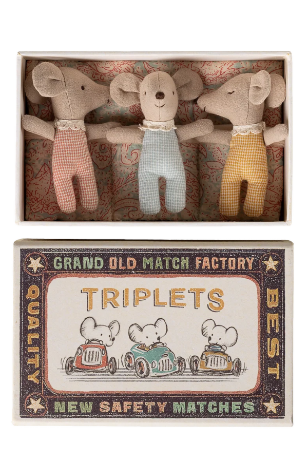 KIDS Maileg Mouse Family Triplets Baby Mice In Matchbox Dolls - Multicolour