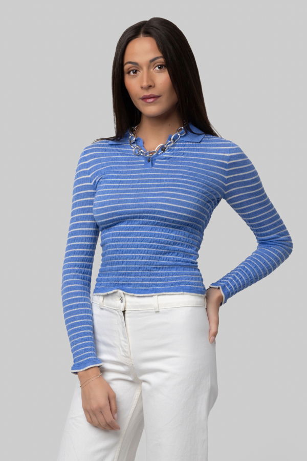 Guest in Residence Smocked Long Sleeve Shrunken Polo - Delft Blue/Cream