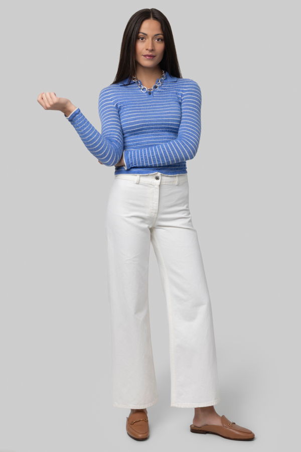 Guest in Residence Smocked Long Sleeve Shrunken Polo - Delft Blue/Cream