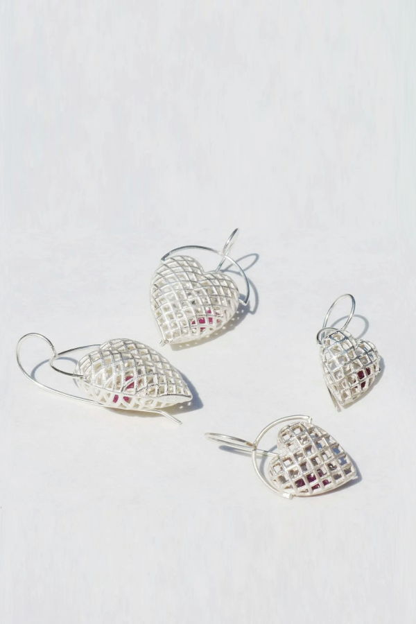 Swinging Mesh Heart Earrings with Rubies